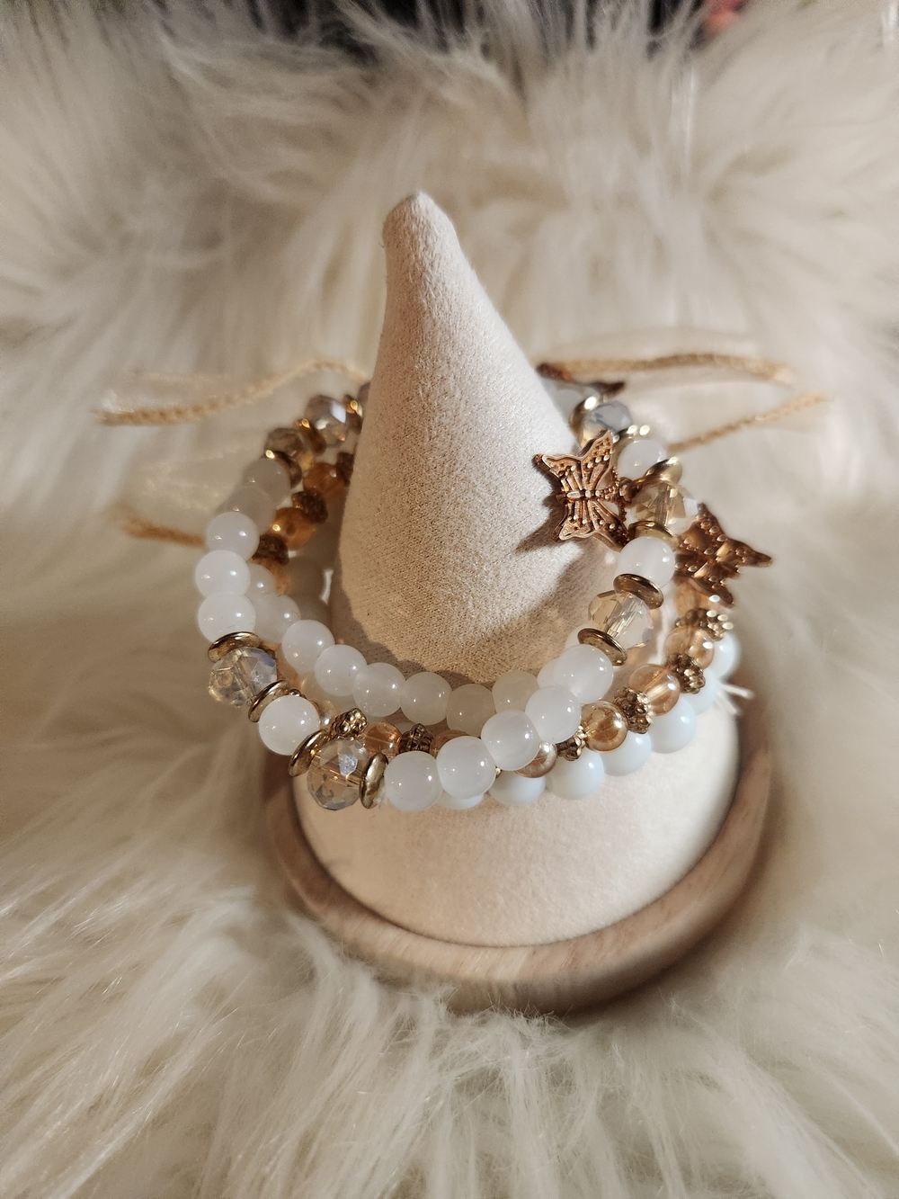 Elegant White and Gold Beaded Butterfly Bracelet Set